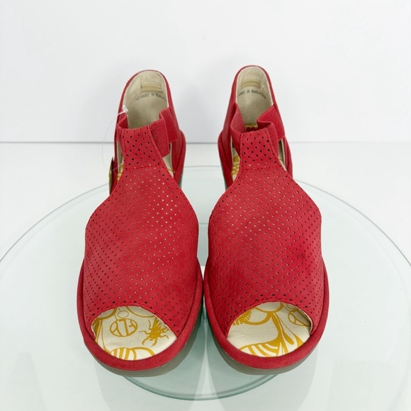 Fly London Sandal Platform Wedge Open Toe Red Women's 7/38 Perforated Leather - Picture 2 of 10